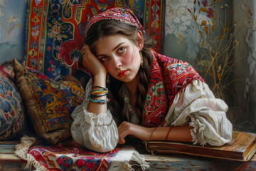 Fototapeta premium A young woman is sitting on a rug with a book in front of her