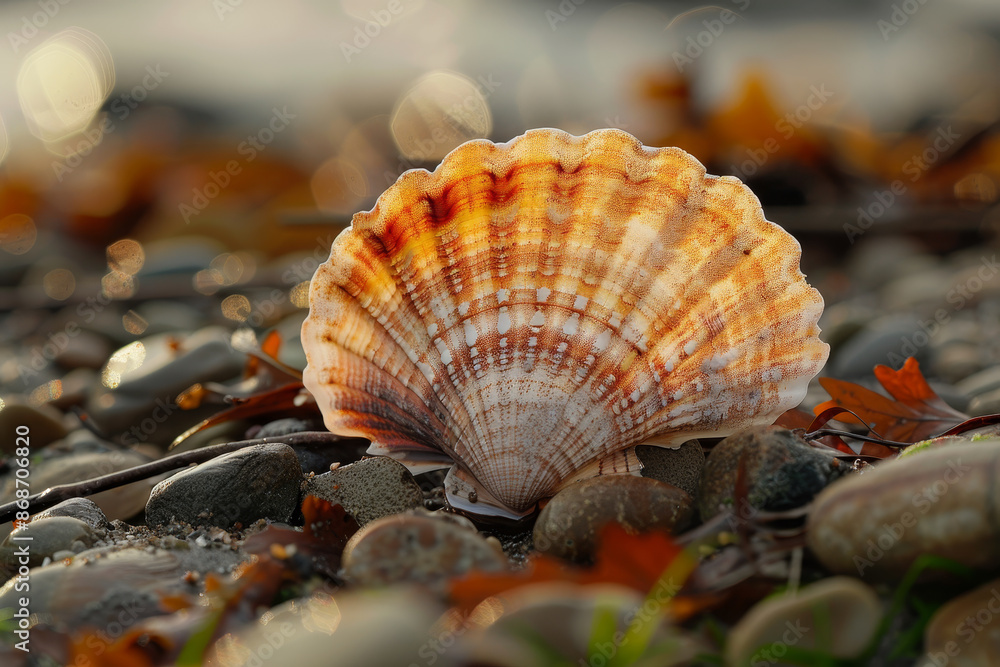 Poster a shell is laying on the ground with some rocks around it