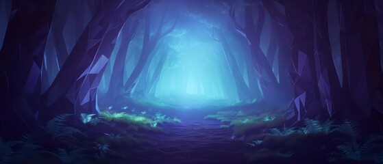 Abstract depiction of an empty forest with futuristic, geometric shapes and glowing nature highlights with copy space