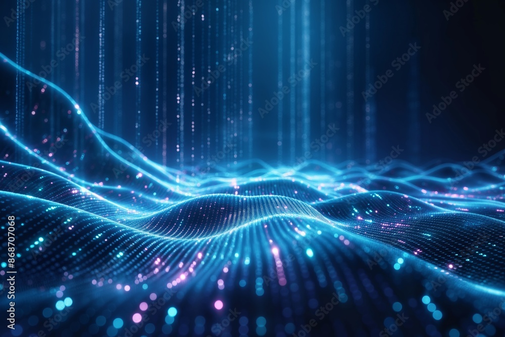 Poster wavy glowing matrix surface with networked data flowing through digital abstract technology.