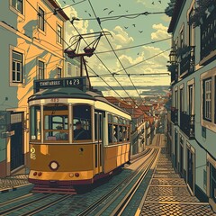 Naklejka premium Street view of Lisbon city. Include the iconic old yellow Lisbon city tram, vintage picture illustration.