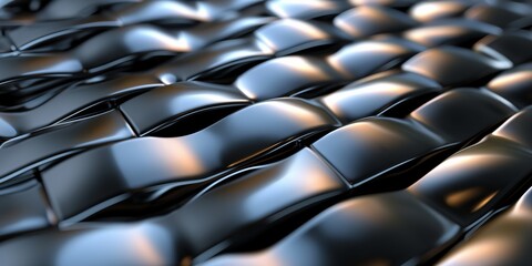 Fototapeta premium Dark metallic textured structure with a shiny wicker pattern, creating an abstract, futuristic backdrop.