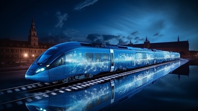 Modern train wireframe art  abstract 3d polygonal design resembling starry sky at railway station