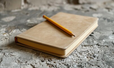 Blank notebook and pencil on a polished concrete table, business concept design,