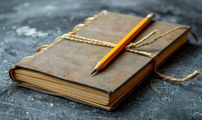 Blank notebook with a pencil on a concrete table, minimalist business workspace