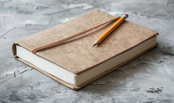 Blank notebook with a pencil on a concrete table, minimalist business setting,
