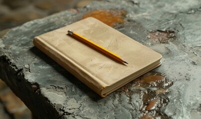 Fototapeta premium Blank notebook with a pencil on a textured concrete table, industrial office style,