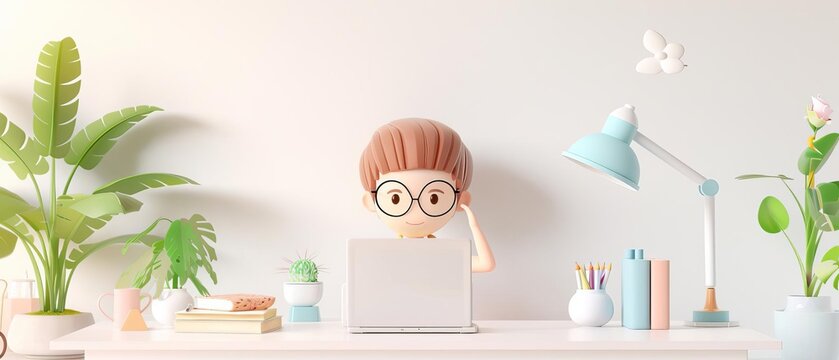 Cute 3D cartoon character studying at a desk with a lamp, books, and a laptop, creating a productive atmosphere