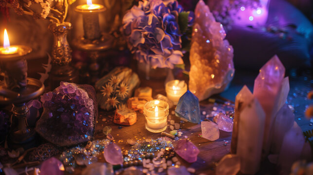 Modern Witchcraft Magic Rituals: An Enchanted Table with Candles and Crystals