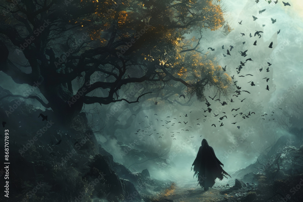 Poster a man is walking through a forest with a large tree in the background