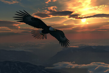 A large eagle is flying high in the sky above a mountain range
