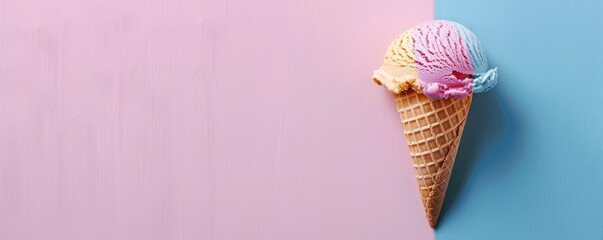 Three ice cream cones with different flavors and sprinkles on a pink background. The sprinkles are in various colors and sizes, creating a fun and playful atmosphere.