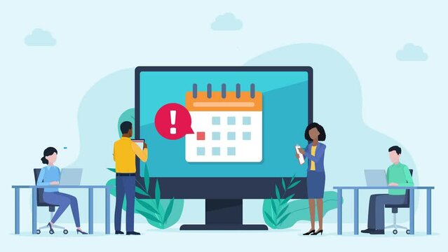 The calendar with the notification appears on the monitor screen. There are employees nearby and they perform their duties. Icons and chat bubbles appear around you. Animation in flat style.