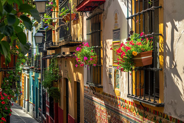 Fototapeta premium A street with a lot of colorful flowers in pots on the windowsills