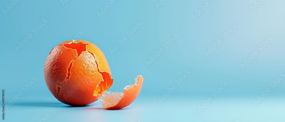 Poster clean cyber banner showcasing a broken fruit with sleek lines and minimalist design with copy space