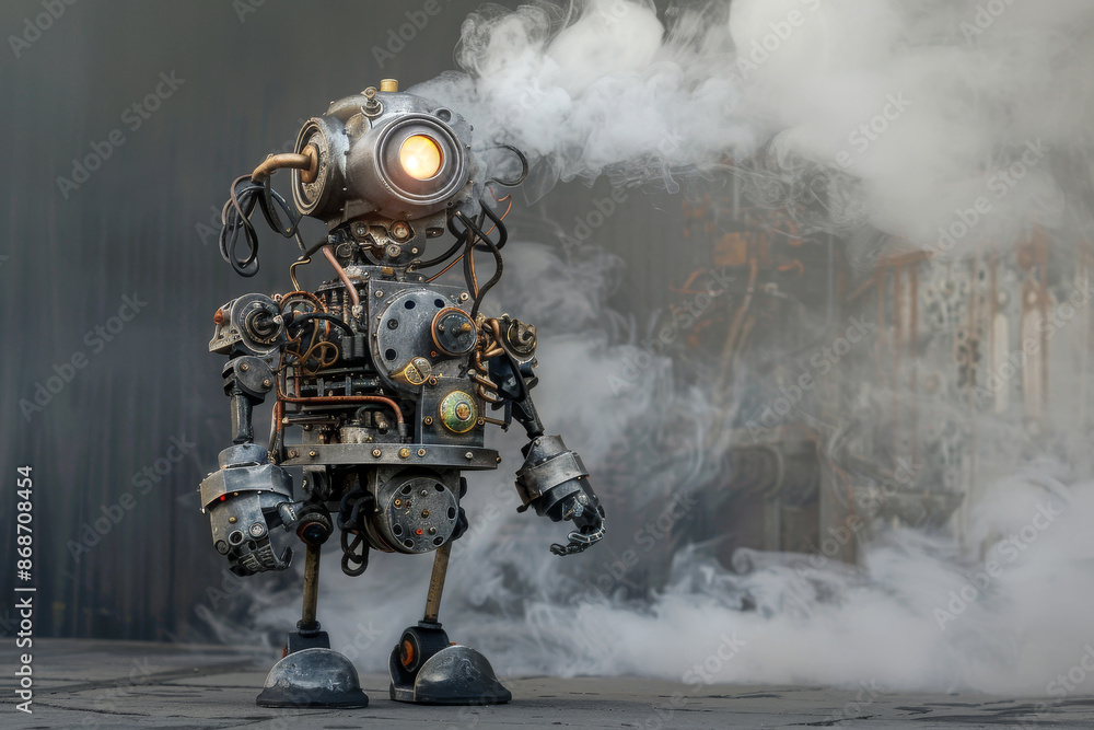 Poster a robot with a light on its head is standing in front of a cloud of smoke