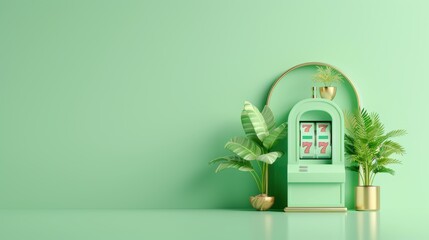 A minimalist green-themed casino slot machine, with a sleek design and plenty of copy space for customization. The image conveys a modern and stylish gaming concept.