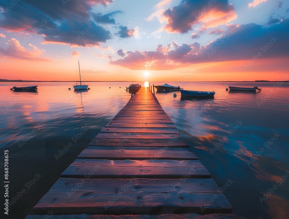 Canvas Prints Wooden Pier Leading to Sunset Over Calm Water