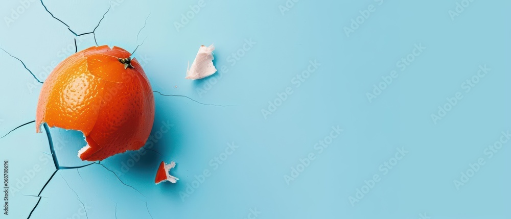 Poster clean cyber banner showcasing a broken fruit with sleek lines and minimalist design with copy space