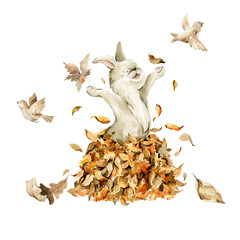 Watercolor nursery set. Hand painted autumn composition of cute bunny, rabbit character, forest fall leaves, dried leaf, birds isolated on background. Baby illustration for card design, print, poster