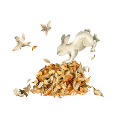 Watercolor nursery set. Hand painted autumn composition of cute bunny, rabbit character, forest fall leaves, dried leaf, birds isolated on background. Baby illustration for card design, print, poster