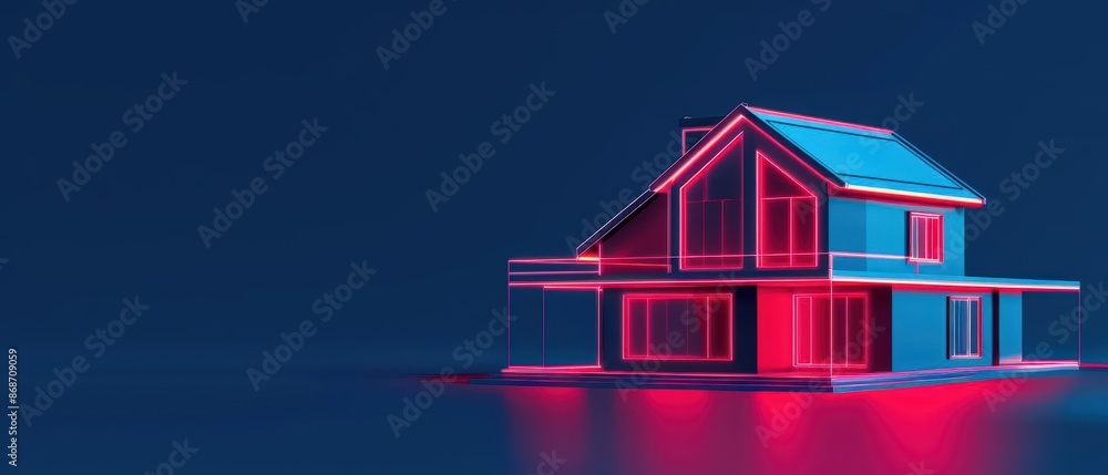 Poster conceptual minimal banner featuring a cyber home breakdown with dynamic digital components with copy