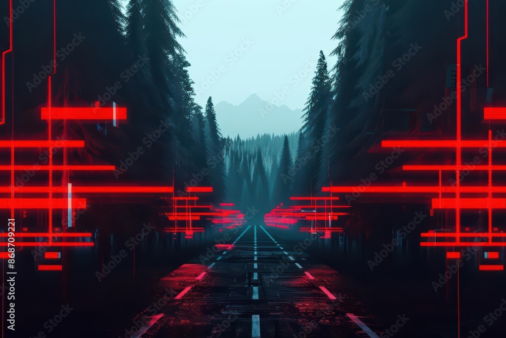 Poster conceptual minimal banner featuring a cyber transport breakdown with dynamic digital components with