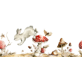 Watercolor floral seamless border with animals. Hand painted autumn forest leaves, fern, fall leaf, mushrooms, rabbit, bunny isolated on white background. illustration for card design, harvest print