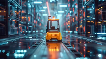 Automated Forklift doing storage in a warehouse managed by machine learning and artificial intelligence, robotics applied to industrial logistics.