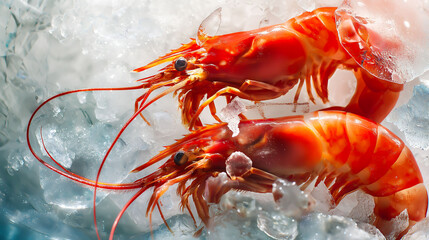 Fresh shrimps seafood from sea on ice at fish market stall, Shrimps in a pile of ice at supermarket