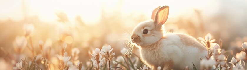 Obraz premium Cute white rabbit in a field of wildflowers.