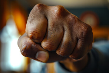 A fist is raised in the air, with the fingers spread wide