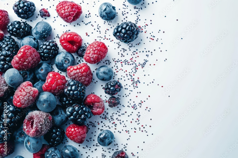 Poster conceptual representation of a berry explosion with vibrant colors and a minimalist approach with co