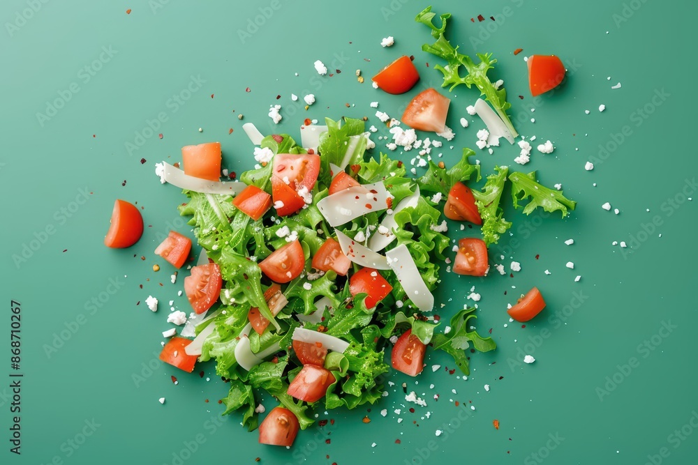 Poster conceptual representation of a salad explosion with vibrant colors and a minimalist approach with co