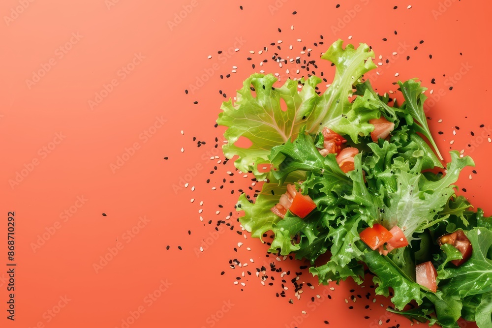 Poster conceptual representation of a salad explosion with vibrant colors and a minimalist approach with co