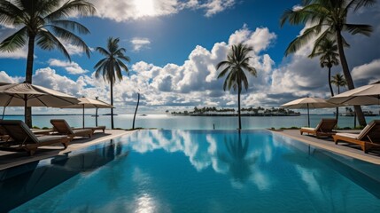 Luxurious tropical resort in maldives  relaxing poolside paradise with palm trees and blue sky