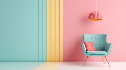 A chic living room decorated in shades of the rainbow, with minimalist furnishings and a clean, uncluttered layout. The image provides plenty of copy space for customization.