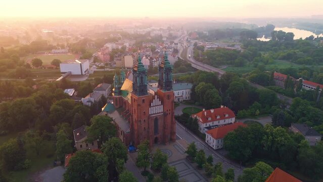 aerial panorama over Ostrov Tumski in Poznań at dawn in spring