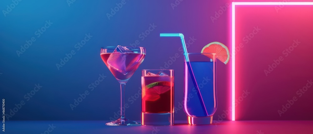 Poster dynamic display of beverages with neon highlights and clean lines with copy space