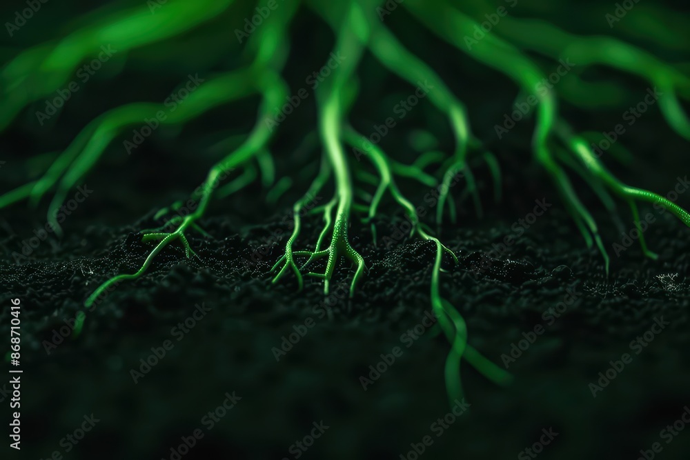 Poster dynamic display of greens and roots with neon highlights and clean lines with copy space
