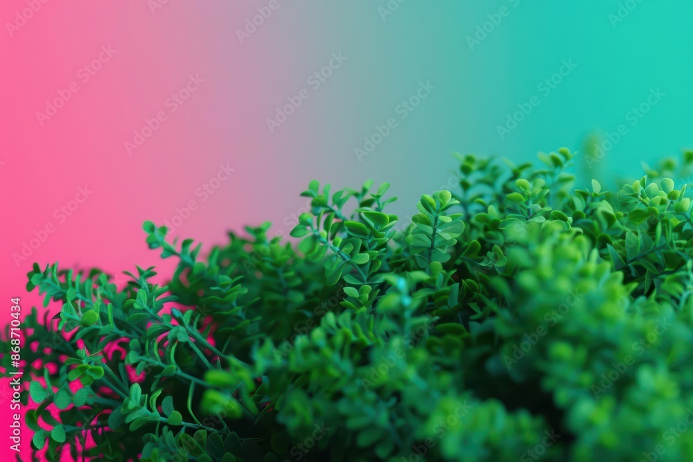 Poster dynamic display of greens and roots with neon highlights and clean lines with copy space