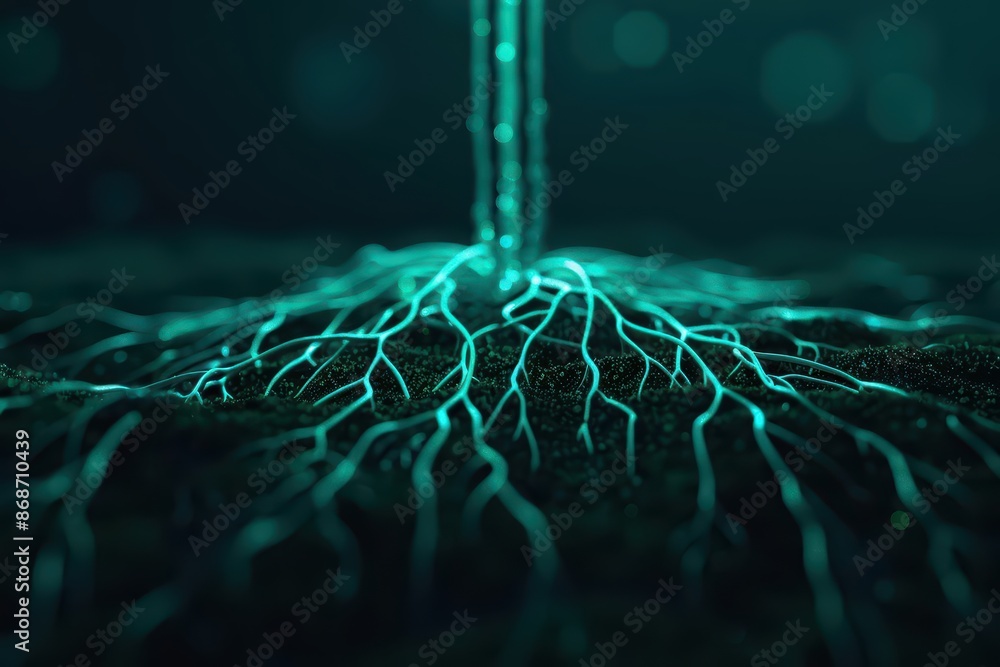 Poster dynamic display of greens and roots with neon highlights and clean lines with copy space