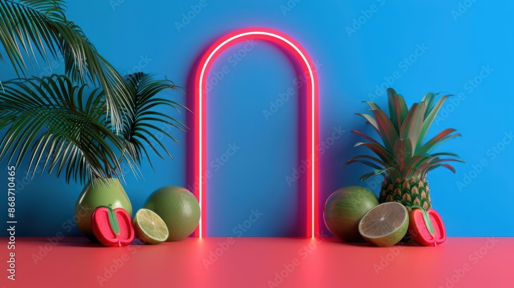 Poster dynamic display of mexican culinary elements with neon highlights and clean lines with copy space