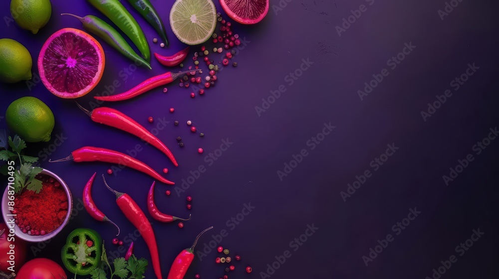 Poster dynamic display of mexican culinary elements with neon highlights and clean lines with copy space