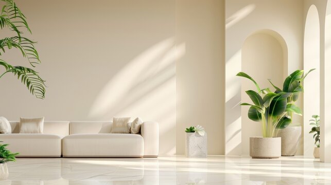 A luxurious living room bathed in warm golden hues, featuring minimalist furnishings and plenty of open space. The image exudes elegance and sophistication, with ample copy space for customization.