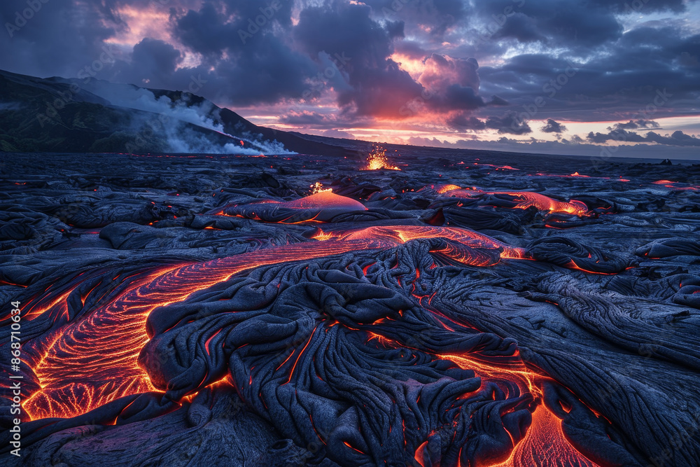 Poster a lava field with a large volcano in the background