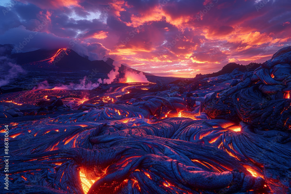 Poster a lava field with a volcano in the background