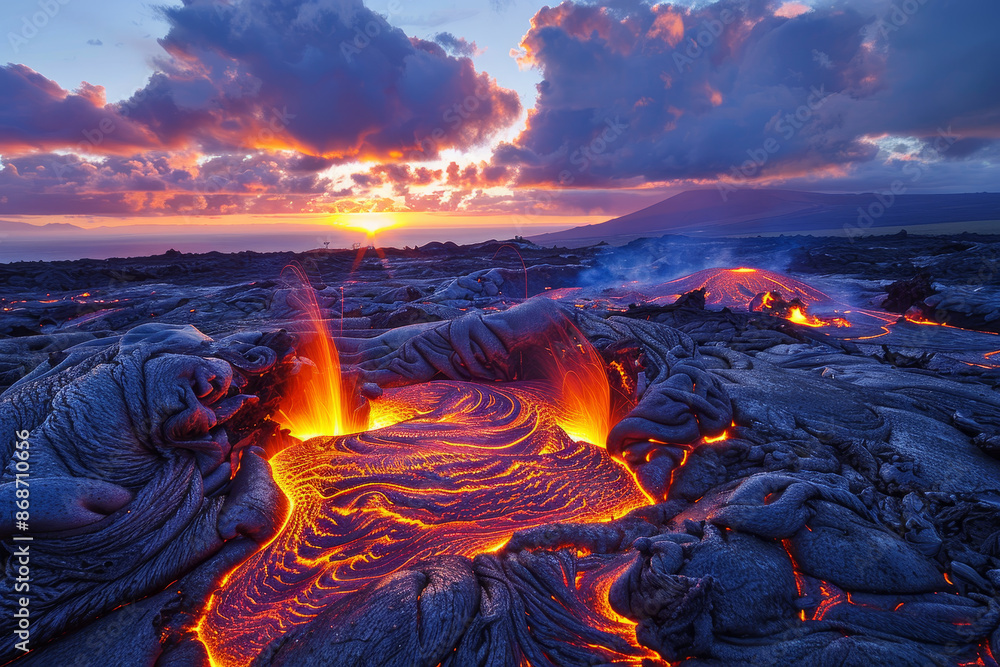 Poster a lava field with a large volcano in the background