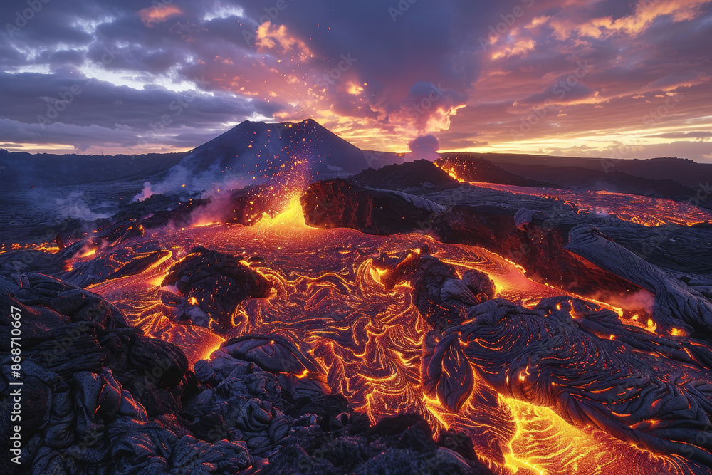 Poster a lava field with a volcano in the background