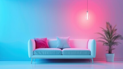 A cozy living room illuminated by soft neon lights, with minimalist furniture and decor creating a warm and inviting atmosphere. The neon lighting adds a playful and whimsical element to the room.